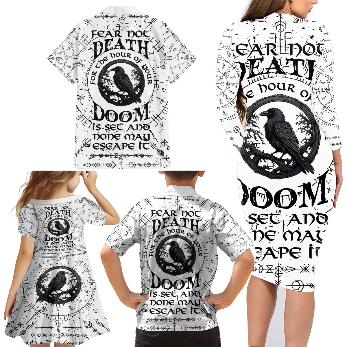 Viking Raven Family Matching Long Sleeve Bodycon Dress and Hawaiian Shirt Fear Not Death For the Hour Of Your Doom - Wonder Print Shop