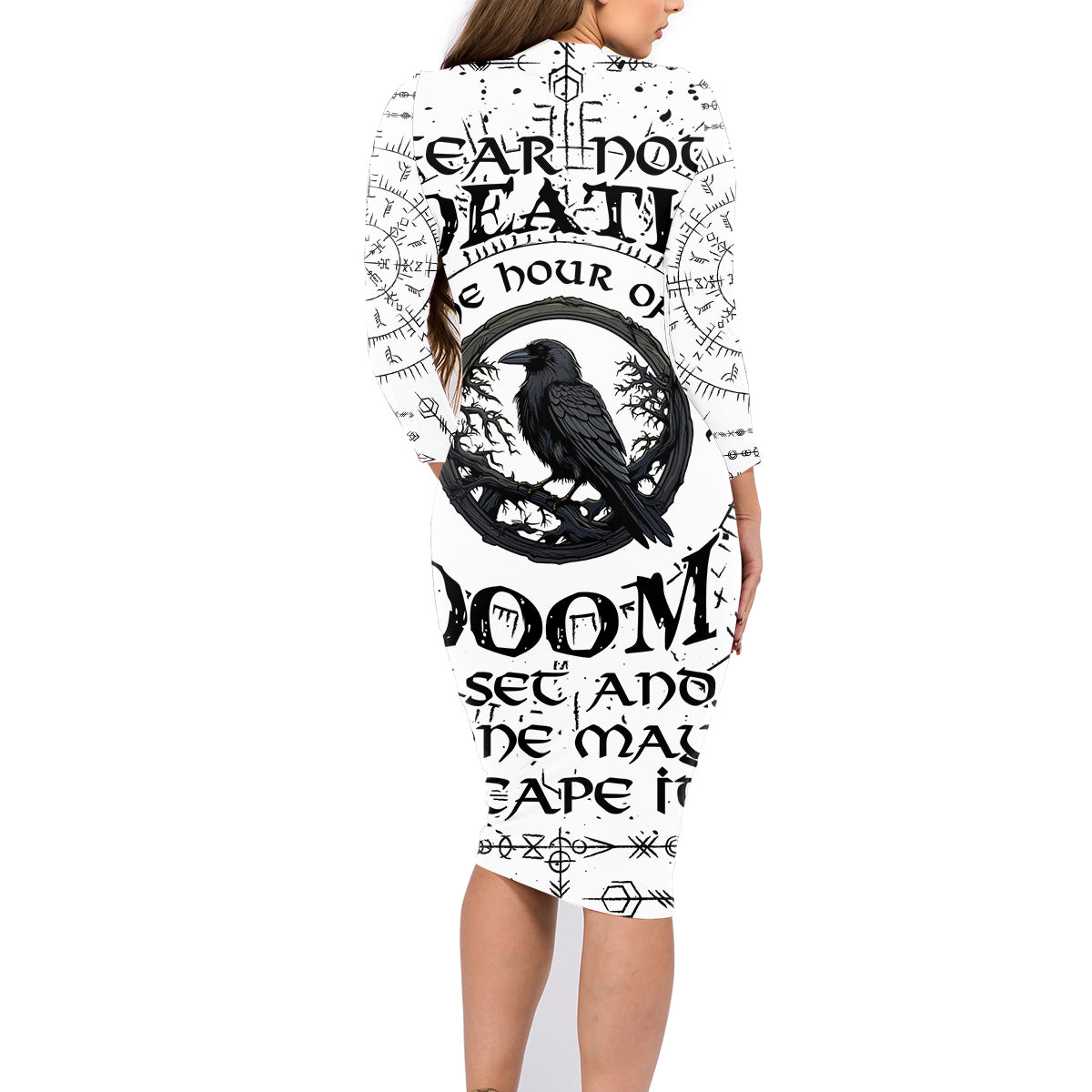 Viking Raven Family Matching Long Sleeve Bodycon Dress and Hawaiian Shirt Fear Not Death For the Hour Of Your Doom - Wonder Print Shop
