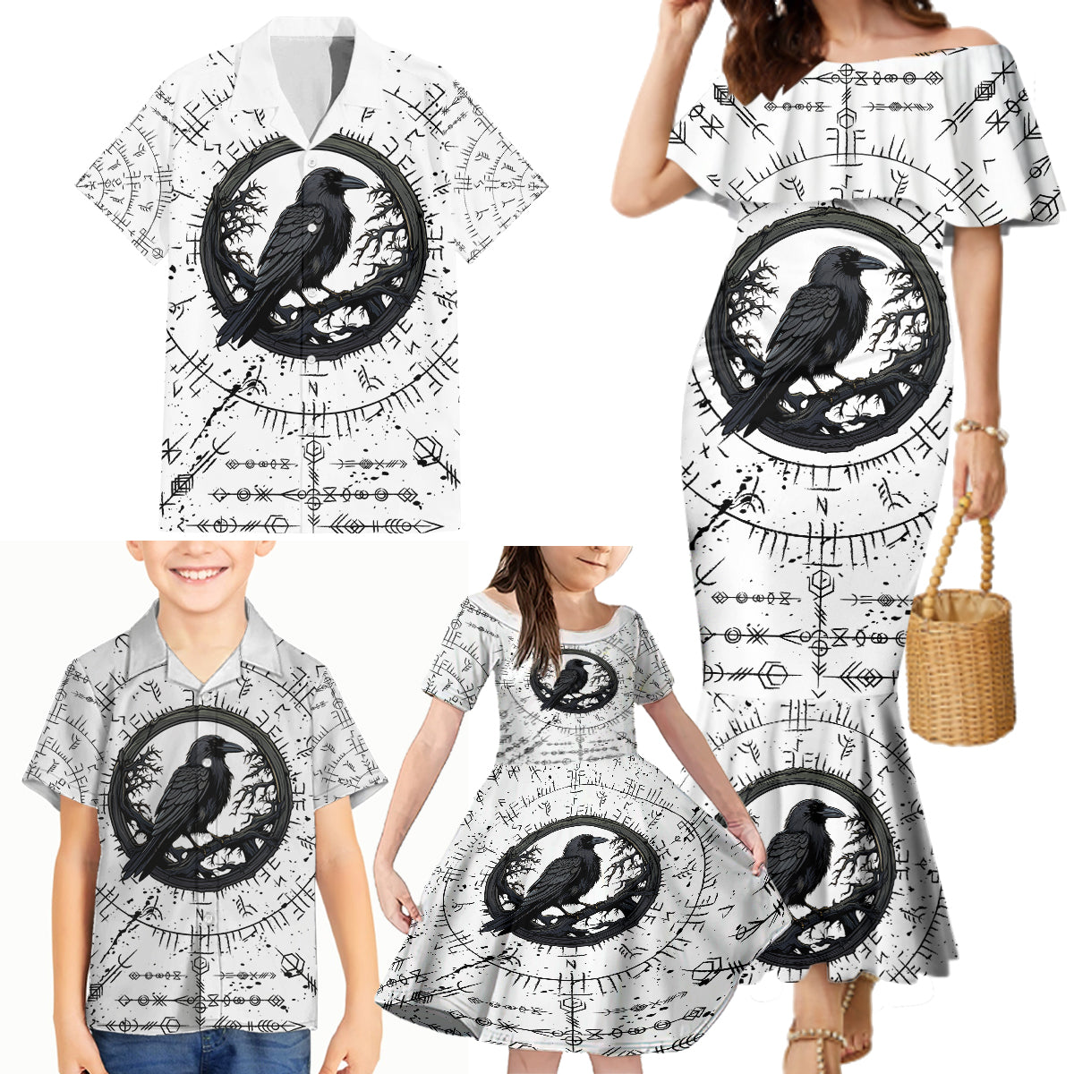 Viking Raven Family Matching Mermaid Dress and Hawaiian Shirt Fear Not Death For the Hour Of Your Doom - Wonder Print Shop