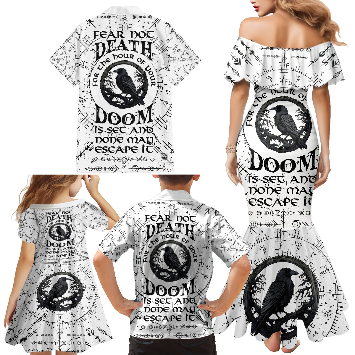 Viking Raven Family Matching Mermaid Dress and Hawaiian Shirt Fear Not Death For the Hour Of Your Doom - Wonder Print Shop