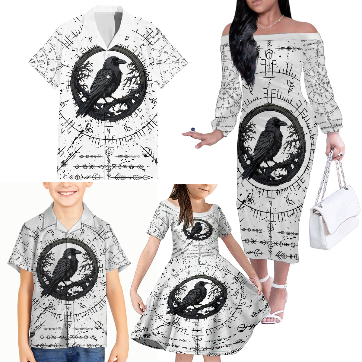 Viking Raven Family Matching Off Shoulder Long Sleeve Dress and Hawaiian Shirt Fear Not Death For the Hour Of Your Doom - Wonder Print Shop