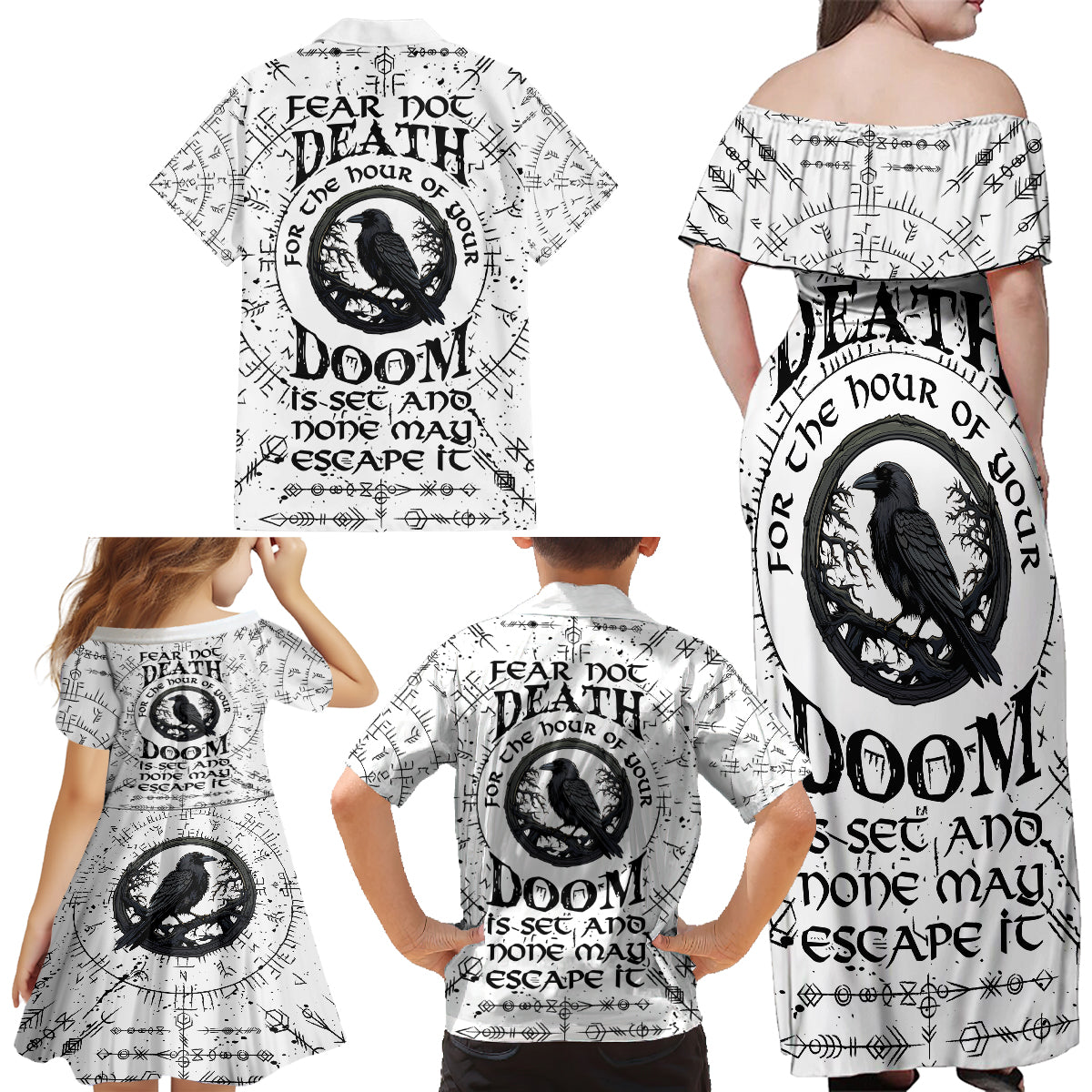 Viking Raven Family Matching Off Shoulder Maxi Dress and Hawaiian Shirt Fear Not Death For the Hour Of Your Doom - Wonder Print Shop