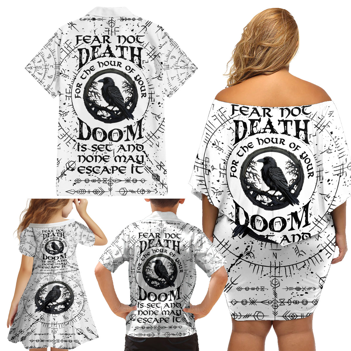 Viking Raven Family Matching Off Shoulder Short Dress and Hawaiian Shirt Fear Not Death For the Hour Of Your Doom - Wonder Print Shop