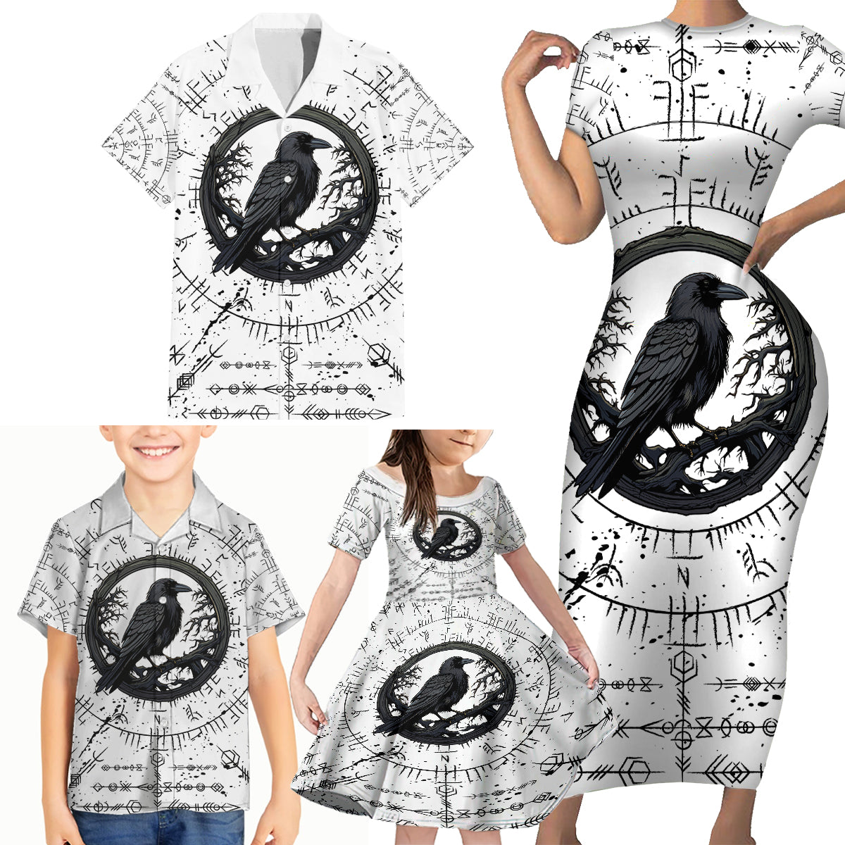 Viking Raven Family Matching Short Sleeve Bodycon Dress and Hawaiian Shirt Fear Not Death For the Hour Of Your Doom - Wonder Print Shop