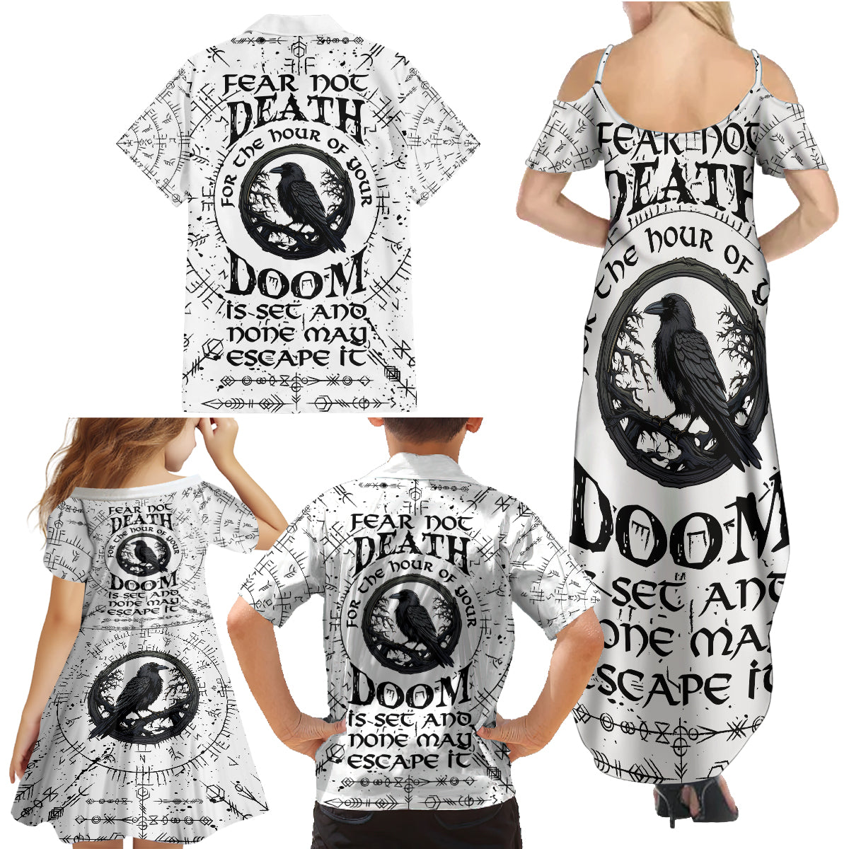 Viking Raven Family Matching Summer Maxi Dress and Hawaiian Shirt Fear Not Death For the Hour Of Your Doom - Wonder Print Shop