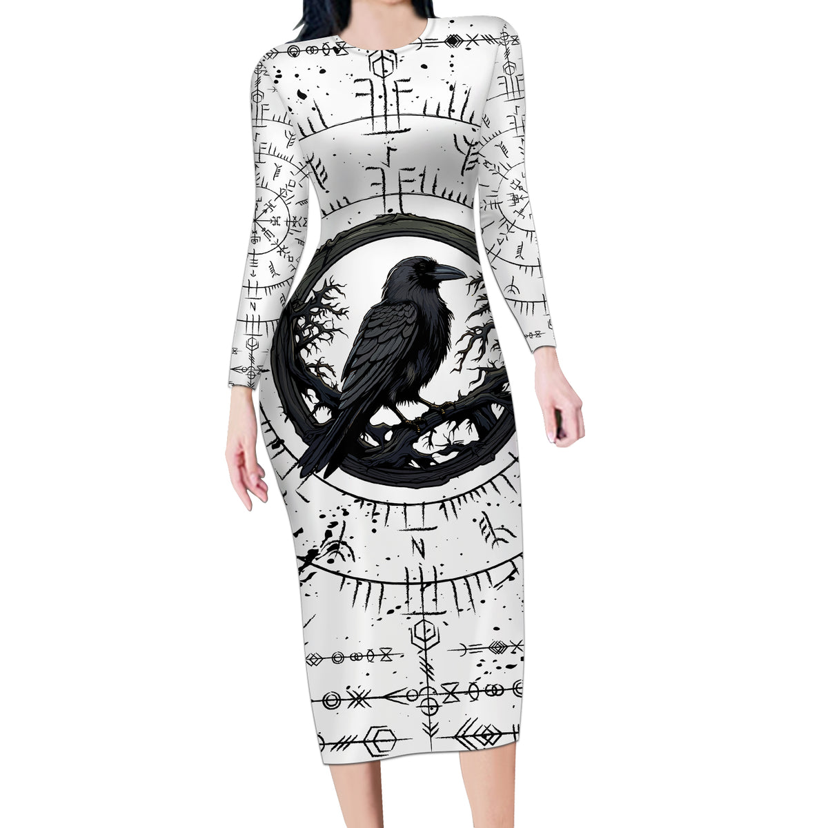 Viking Raven Long Sleeve Bodycon Dress Fear Not Death For the Hour Of Your Doom - Wonder Print Shop