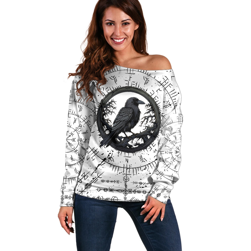 Viking Raven Off Shoulder Sweater Fear Not Death For the Hour Of Your Doom - Wonder Print Shop