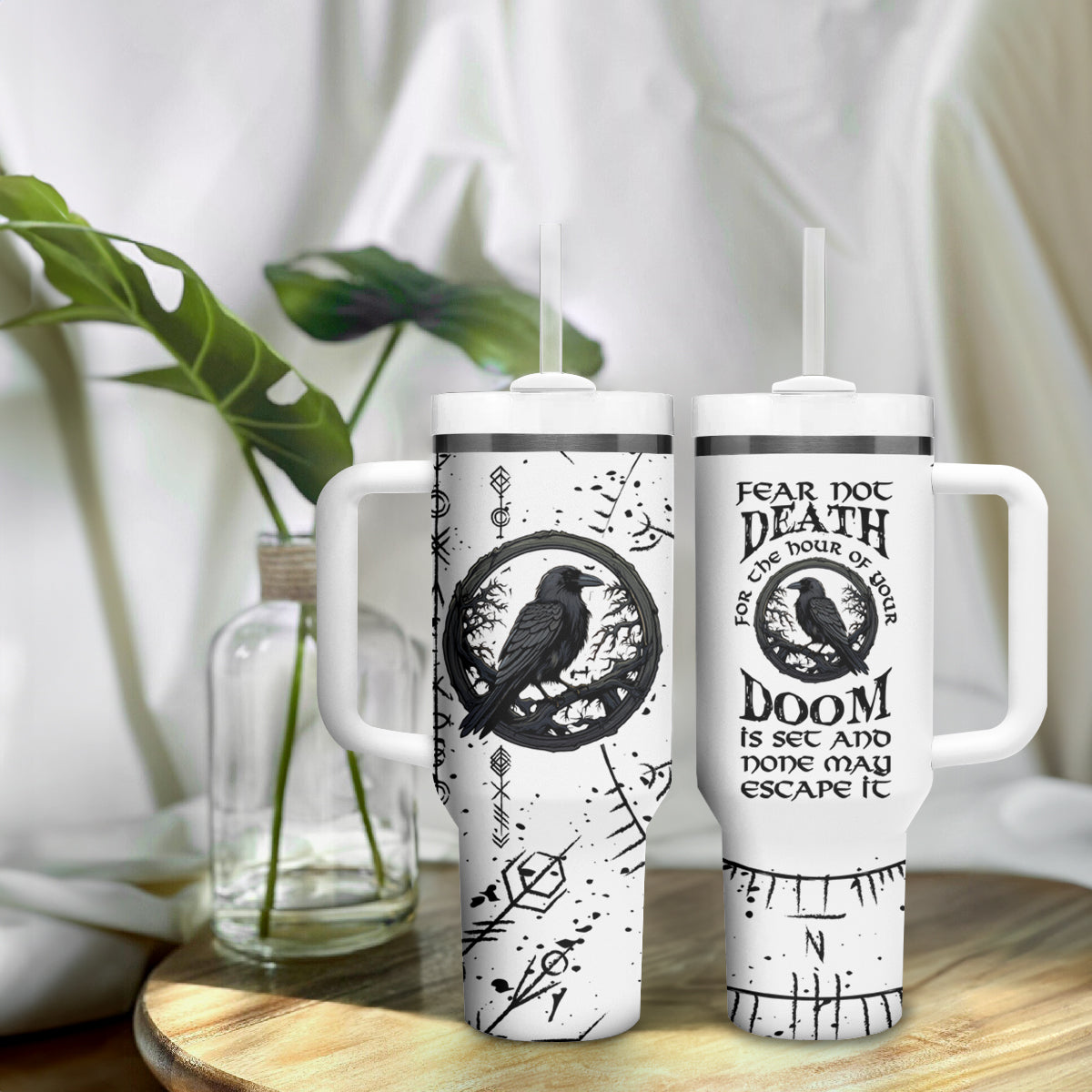 Viking Raven Tumbler With Handle Fear Not Death For the Hour Of Your Doom - Wonder Print Shop