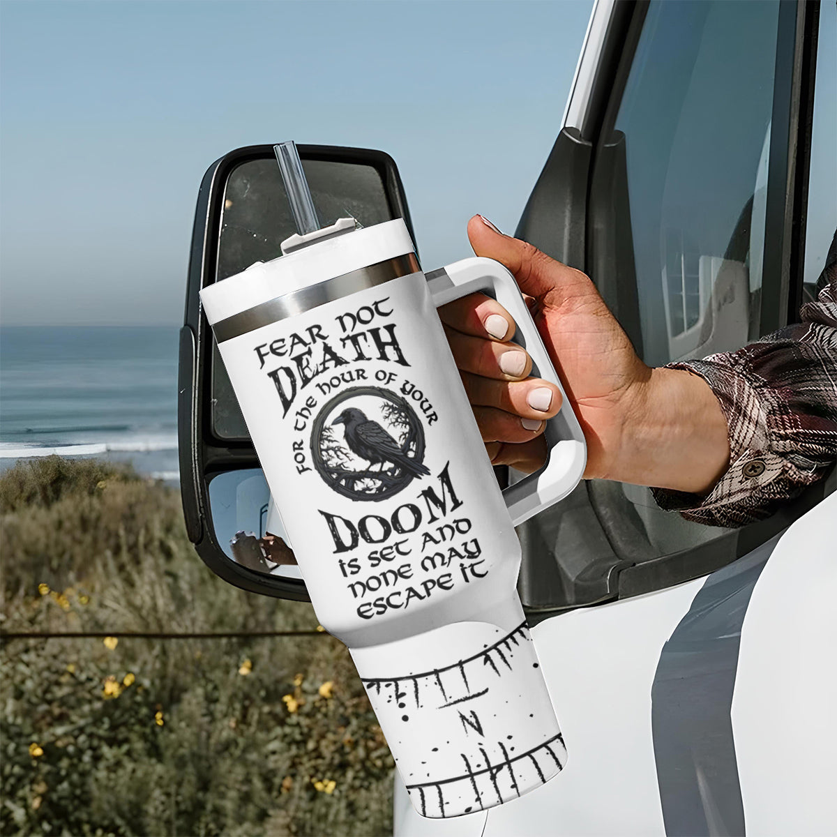 Viking Raven Tumbler With Handle Fear Not Death For the Hour Of Your Doom - Wonder Print Shop