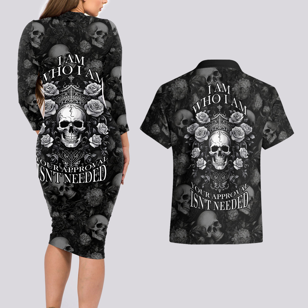 Skull Couples Matching Long Sleeve Bodycon Dress and Hawaiian Shirt I Am Who I Am Your Approval Isn't Needed - Wonder Print Shop