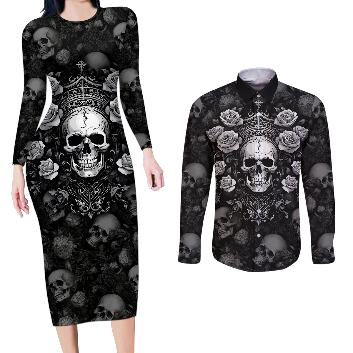 Skull Couples Matching Long Sleeve Bodycon Dress and Long Sleeve Button Shirts I Am Who I Am Your Approval Isn't Needed - Wonder Print Shop