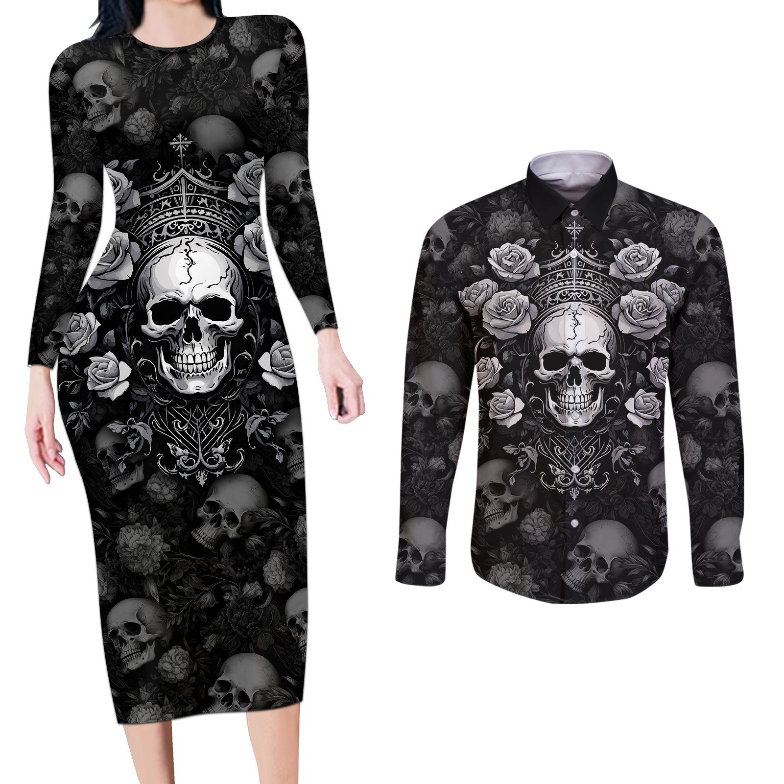 Skull Couples Matching Long Sleeve Bodycon Dress and Long Sleeve Button Shirts I Am Who I Am Your Approval Isn't Needed - Wonder Print Shop