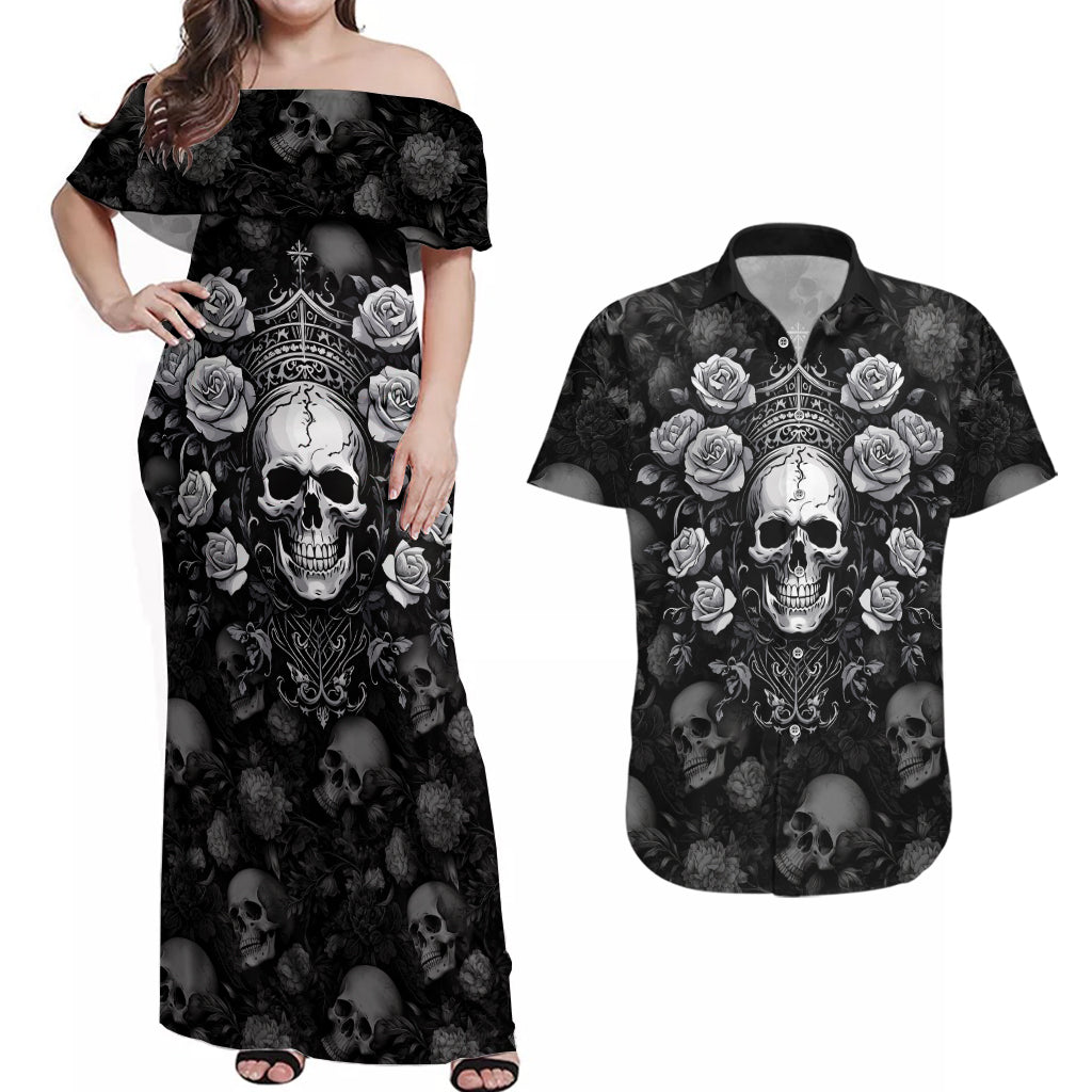 Skull Couples Matching Off Shoulder Maxi Dress and Hawaiian Shirt I Am Who I Am Your Approval Isn't Needed - Wonder Print Shop