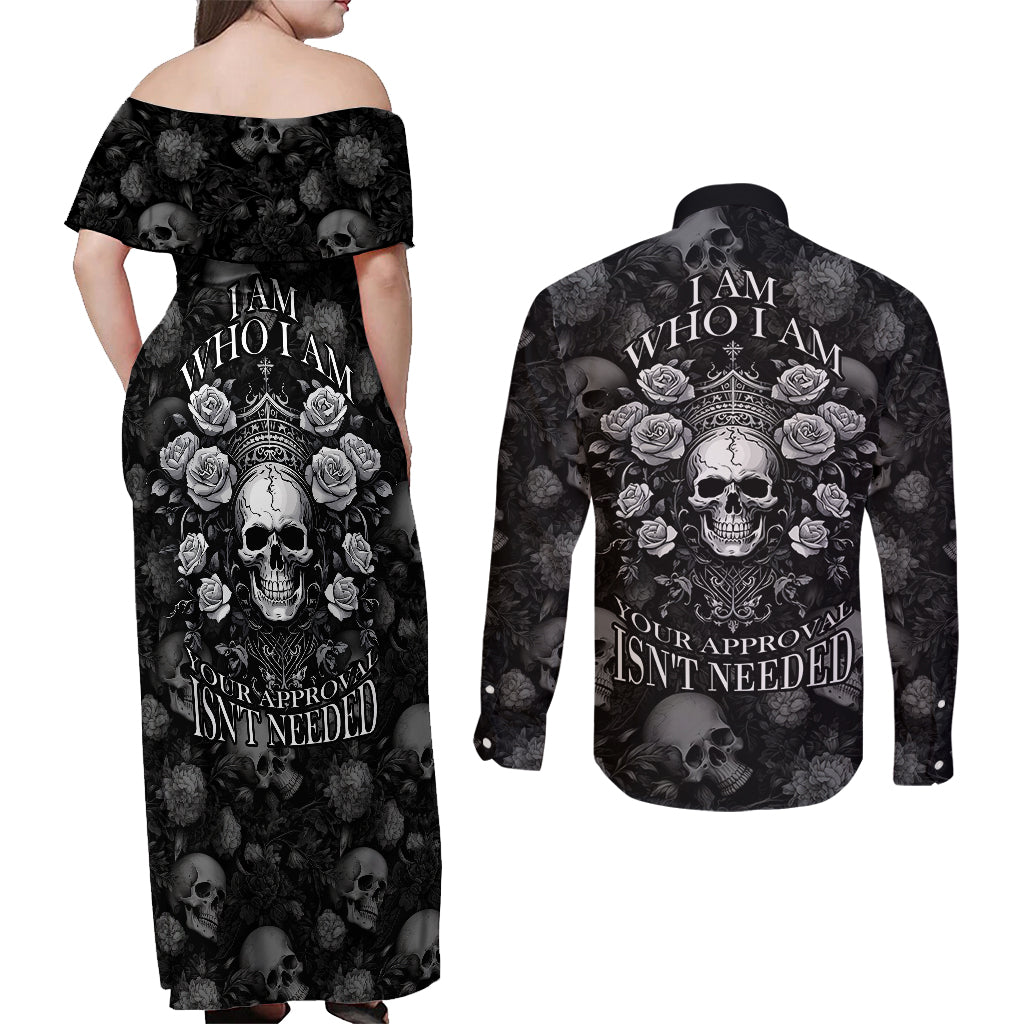 Skull Couples Matching Off Shoulder Maxi Dress and Long Sleeve Button Shirts I Am Who I Am Your Approval Isn't Needed - Wonder Print Shop