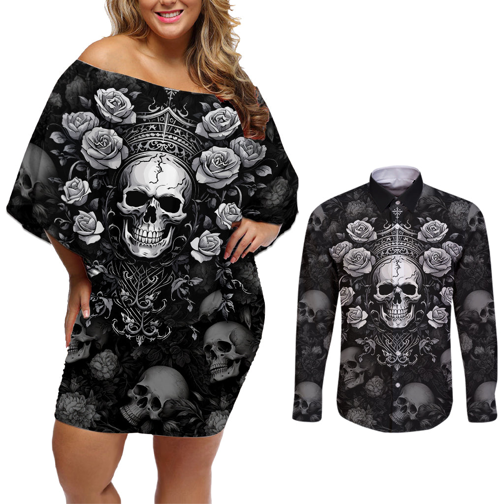 Skull Couples Matching Off Shoulder Short Dress and Long Sleeve Button Shirts I Am Who I Am Your Approval Isn't Needed - Wonder Print Shop