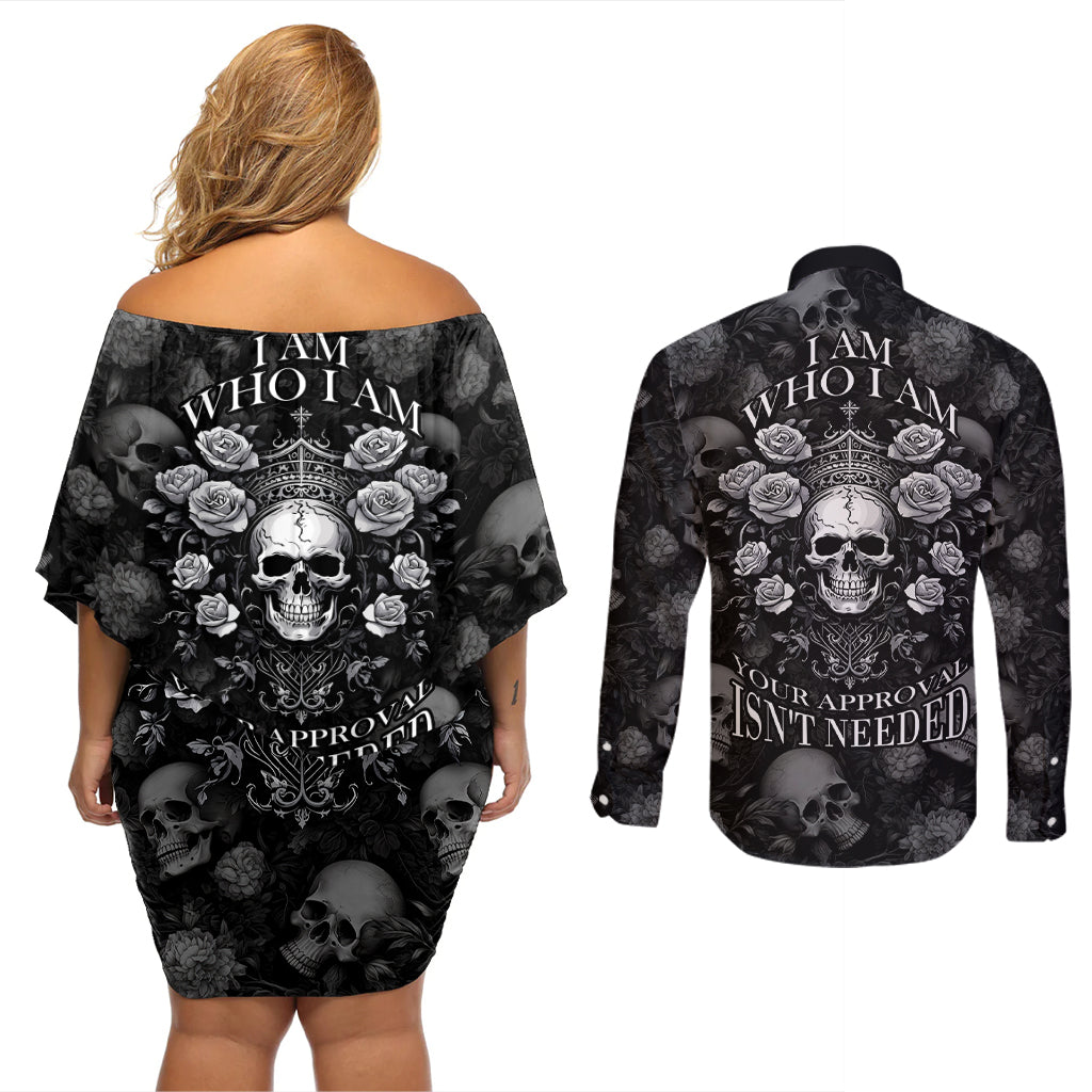 Skull Couples Matching Off Shoulder Short Dress and Long Sleeve Button Shirts I Am Who I Am Your Approval Isn't Needed - Wonder Print Shop