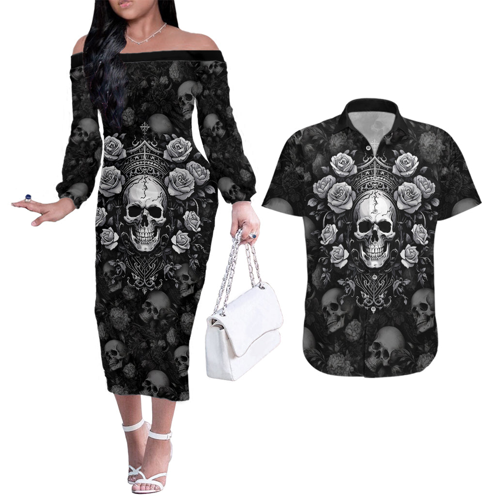 Skull Couples Matching Off The Shoulder Long Sleeve Dress and Hawaiian Shirt I Am Who I Am Your Approval Isn't Needed - Wonder Print Shop