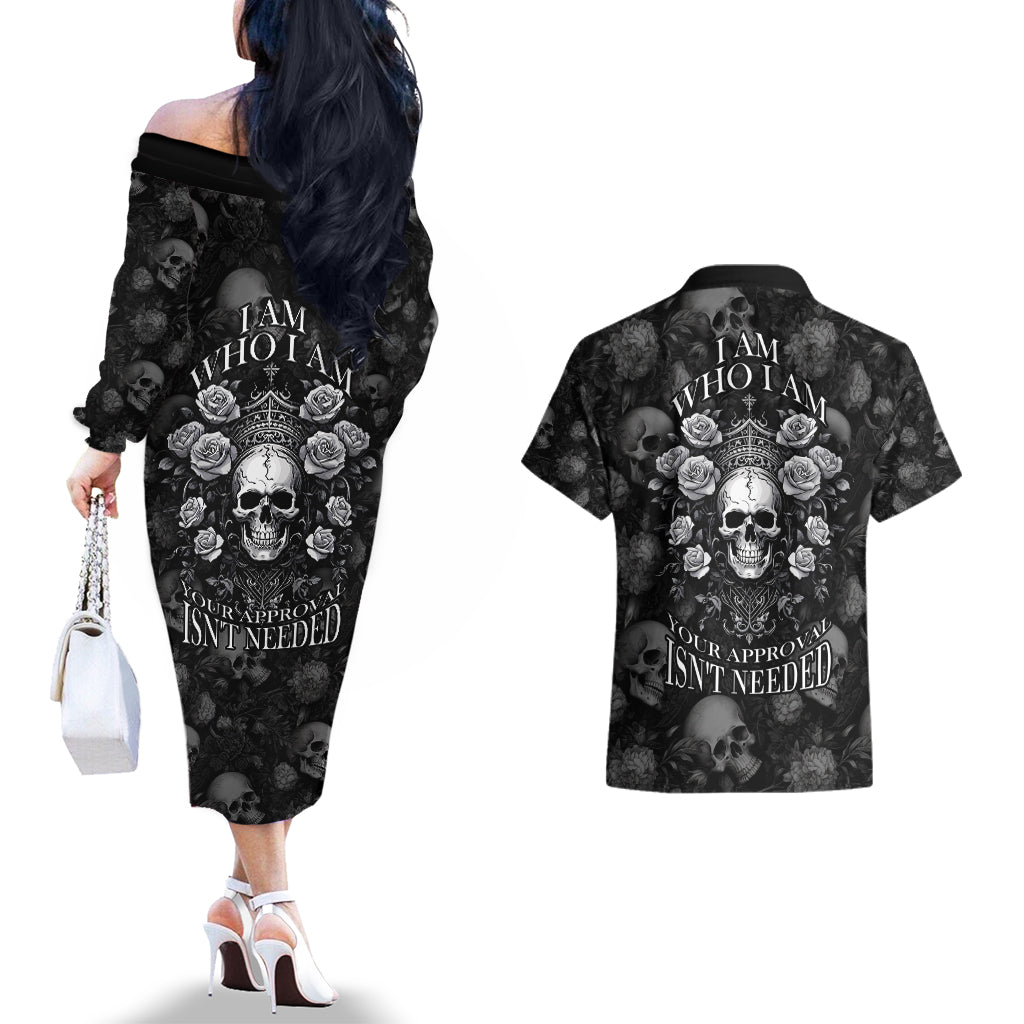Skull Couples Matching Off The Shoulder Long Sleeve Dress and Hawaiian Shirt I Am Who I Am Your Approval Isn't Needed - Wonder Print Shop
