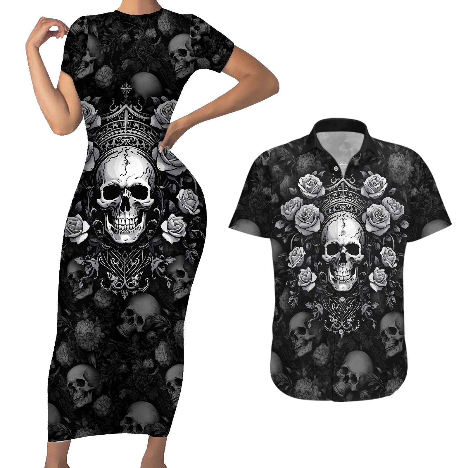Skull Couples Matching Short Sleeve Bodycon Dress and Hawaiian Shirt I Am Who I Am Your Approval Isn't Needed - Wonder Print Shop