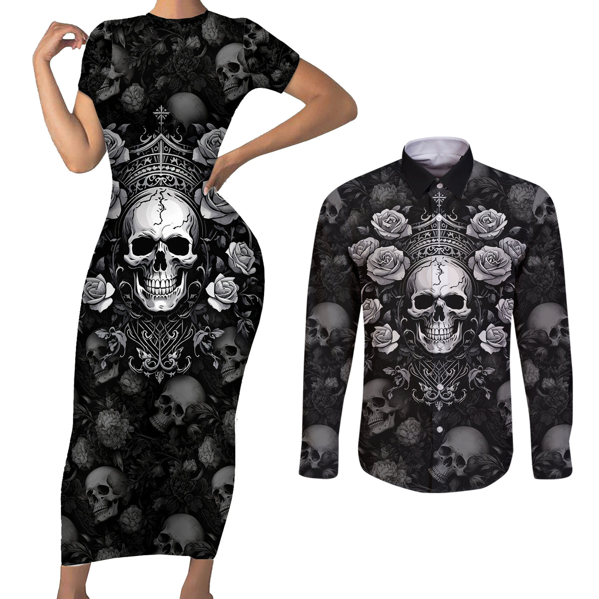 Skull Couples Matching Short Sleeve Bodycon Dress and Long Sleeve Button Shirts I Am Who I Am Your Approval Isn't Needed - Wonder Print Shop