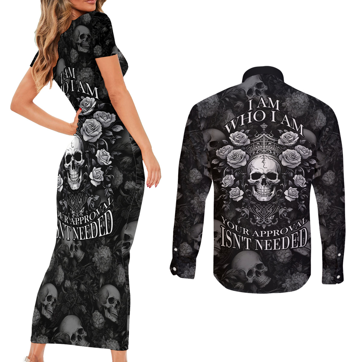 Skull Couples Matching Short Sleeve Bodycon Dress and Long Sleeve Button Shirts I Am Who I Am Your Approval Isn't Needed - Wonder Print Shop