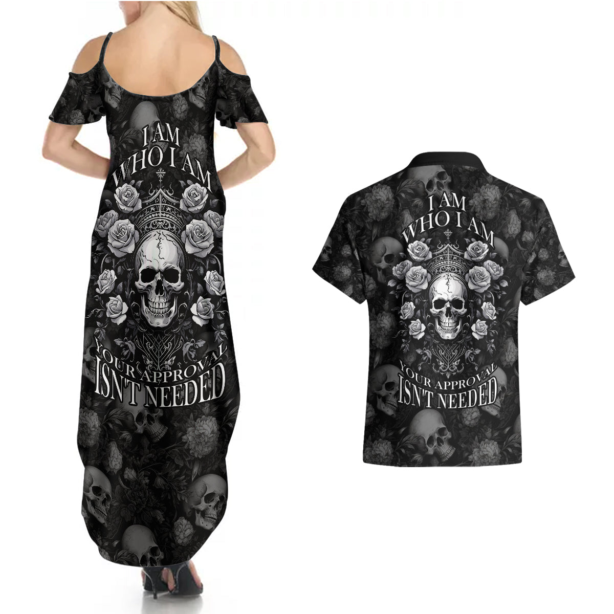 Skull Couples Matching Summer Maxi Dress and Hawaiian Shirt I Am Who I Am Your Approval Isn't Needed - Wonder Print Shop