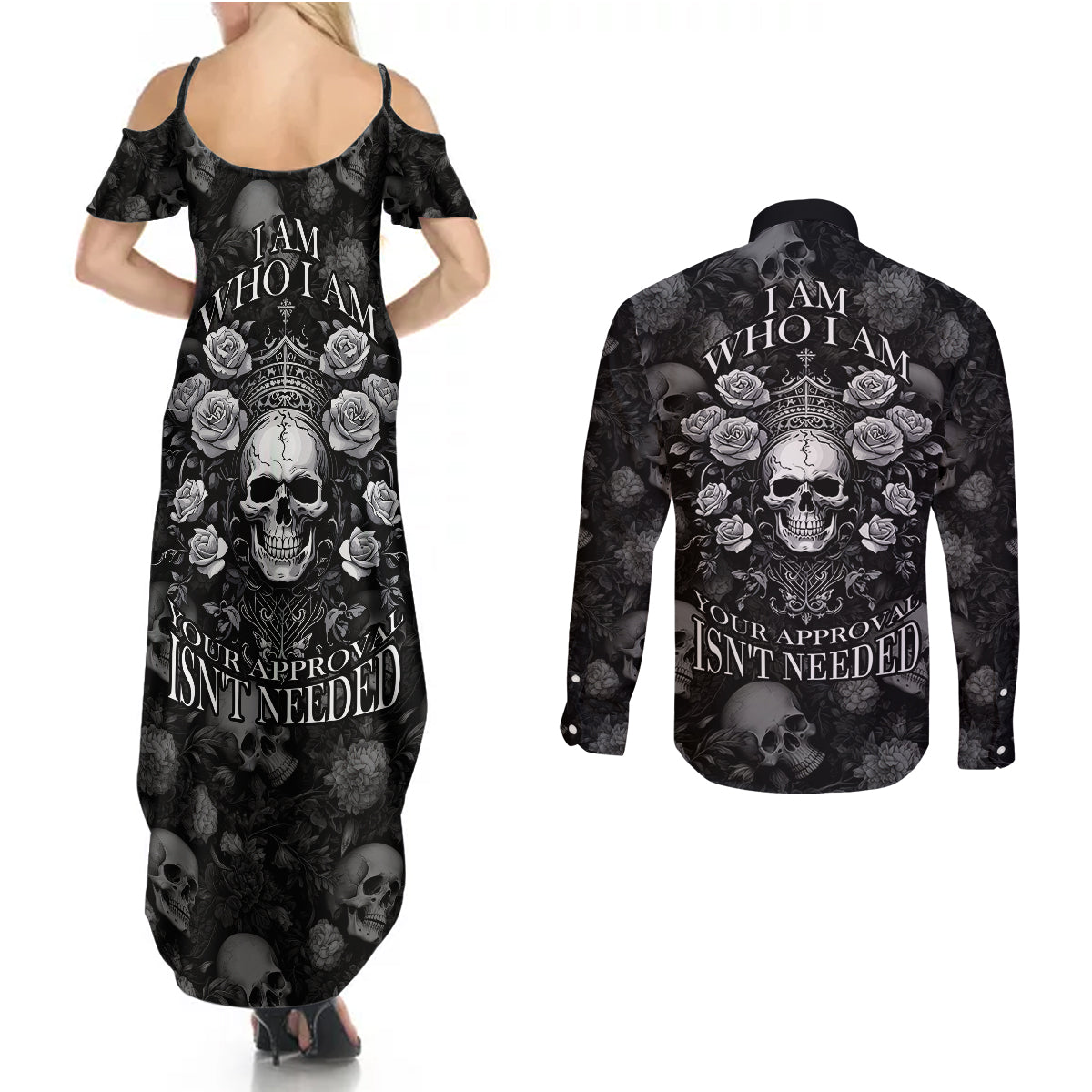 Skull Couples Matching Summer Maxi Dress and Long Sleeve Button Shirts I Am Who I Am Your Approval Isn't Needed - Wonder Print Shop