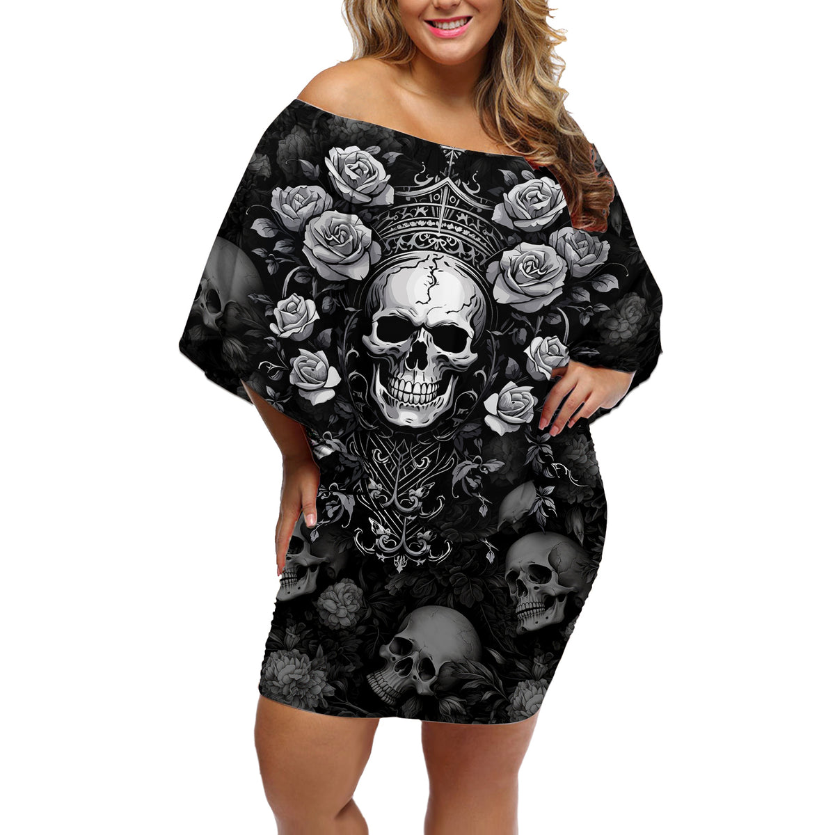 Skull Off Shoulder Short Dress I Am Who I Am Your Approval Isn't Needed - Wonder Print Shop