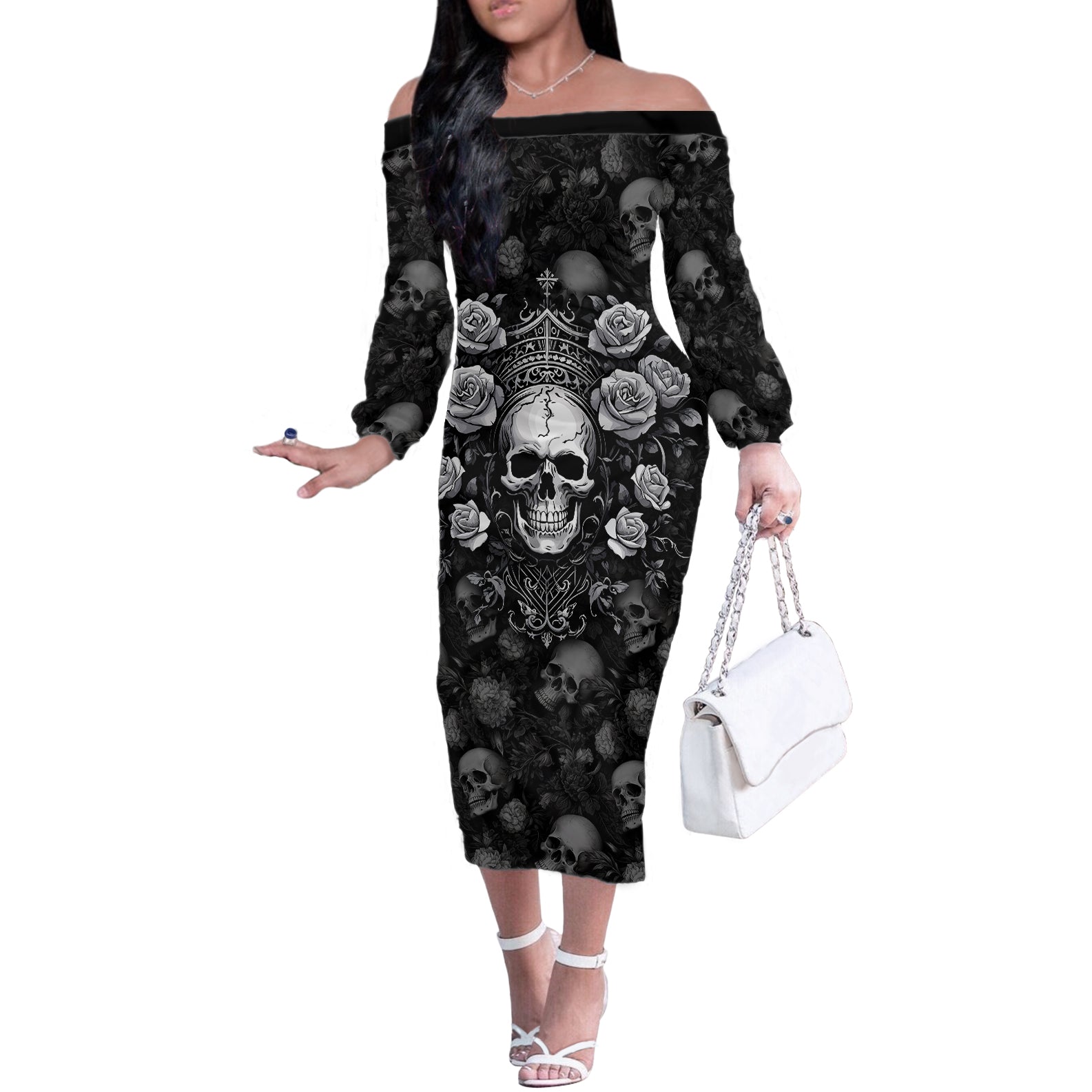 Skull Off The Shoulder Long Sleeve Dress I Am Who I Am Your Approval Isn't Needed - Wonder Print Shop