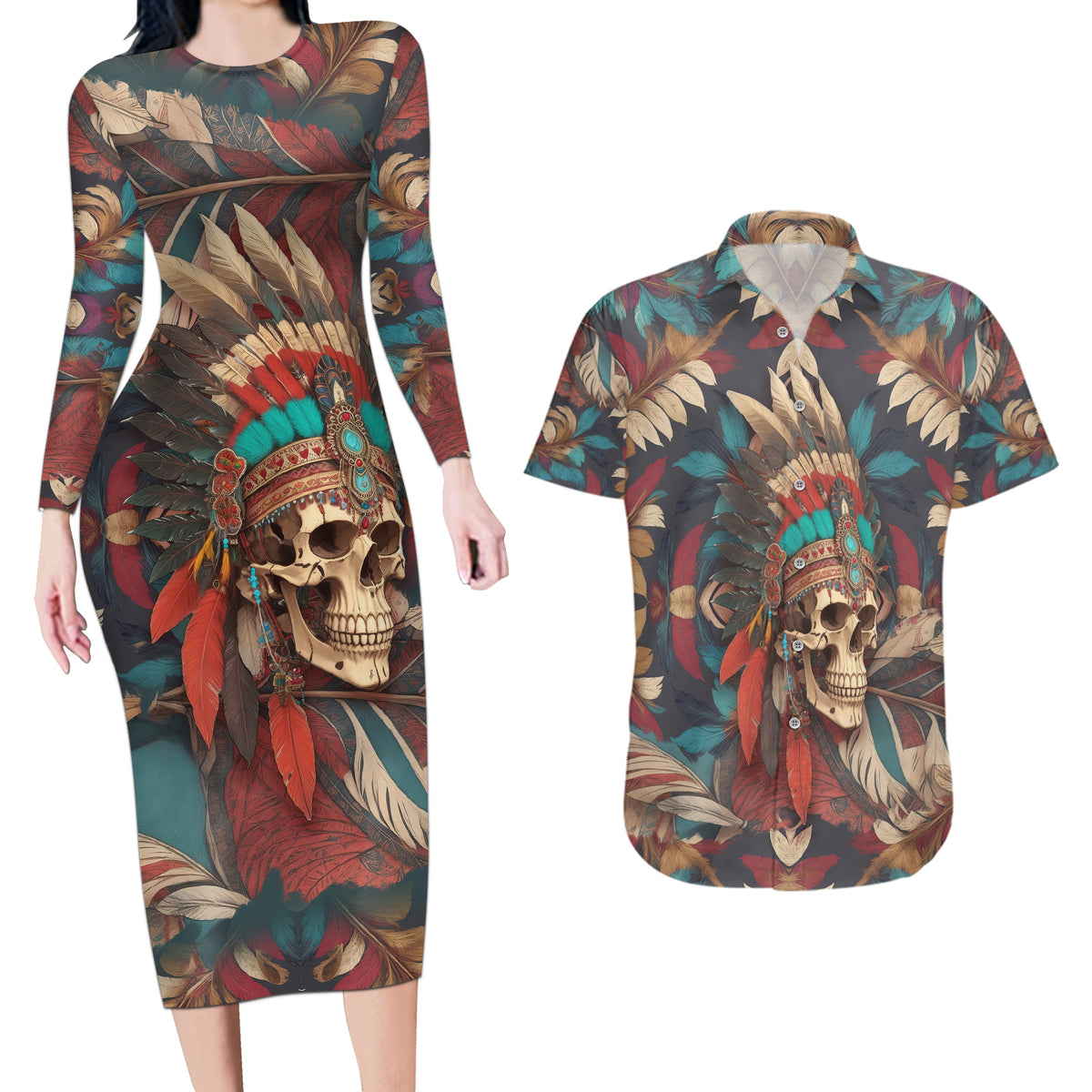 Native American Skull Couples Matching Long Sleeve Bodycon Dress and Hawaiian Shirt Native Merican Spirit Of Freedom - Wonder Print Shop