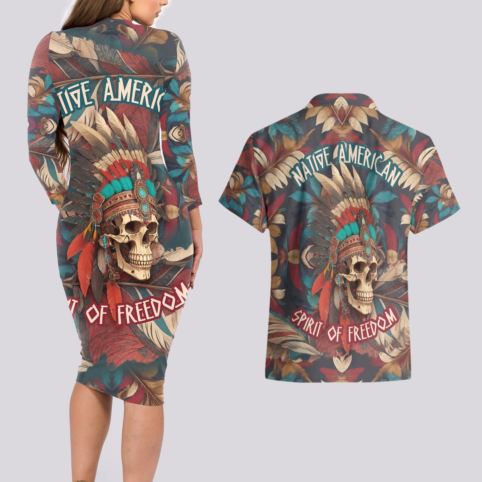 native-american-skull-couples-matching-long-sleeve-bodycon-dress-and-hawaiian-shirt-native-merican-spirit-of-freedom
