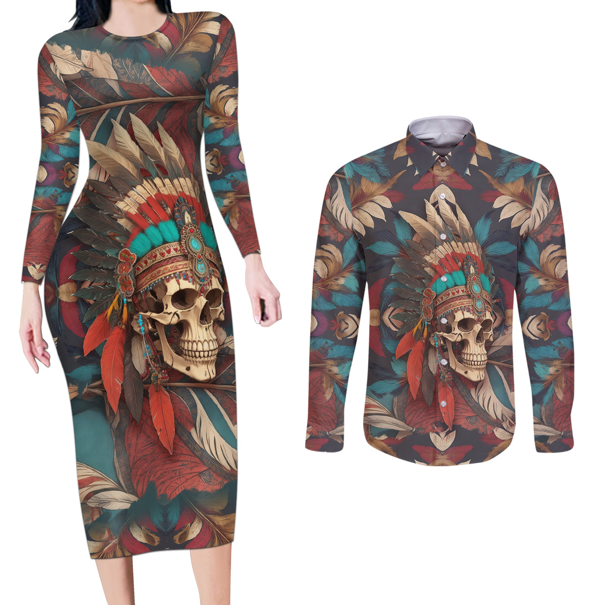 Native American Skull Couples Matching Long Sleeve Bodycon Dress and Long Sleeve Button Shirts Native Merican Spirit Of Freedom - Wonder Print Shop