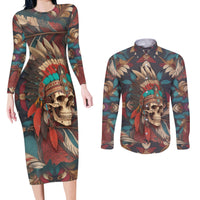 Native American Skull Couples Matching Long Sleeve Bodycon Dress and Long Sleeve Button Shirts Native Merican Spirit Of Freedom - Wonder Print Shop