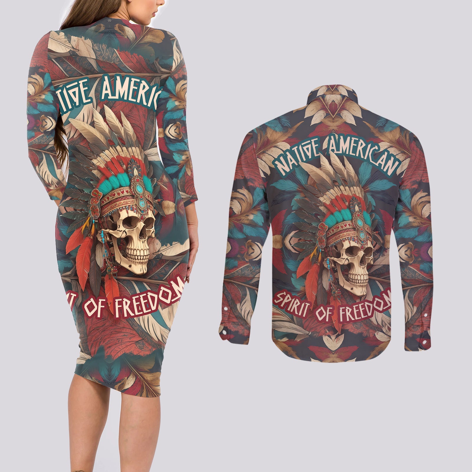 native-american-skull-couples-matching-long-sleeve-bodycon-dress-and-long-sleeve-button-shirts-native-merican-spirit-of-freedom