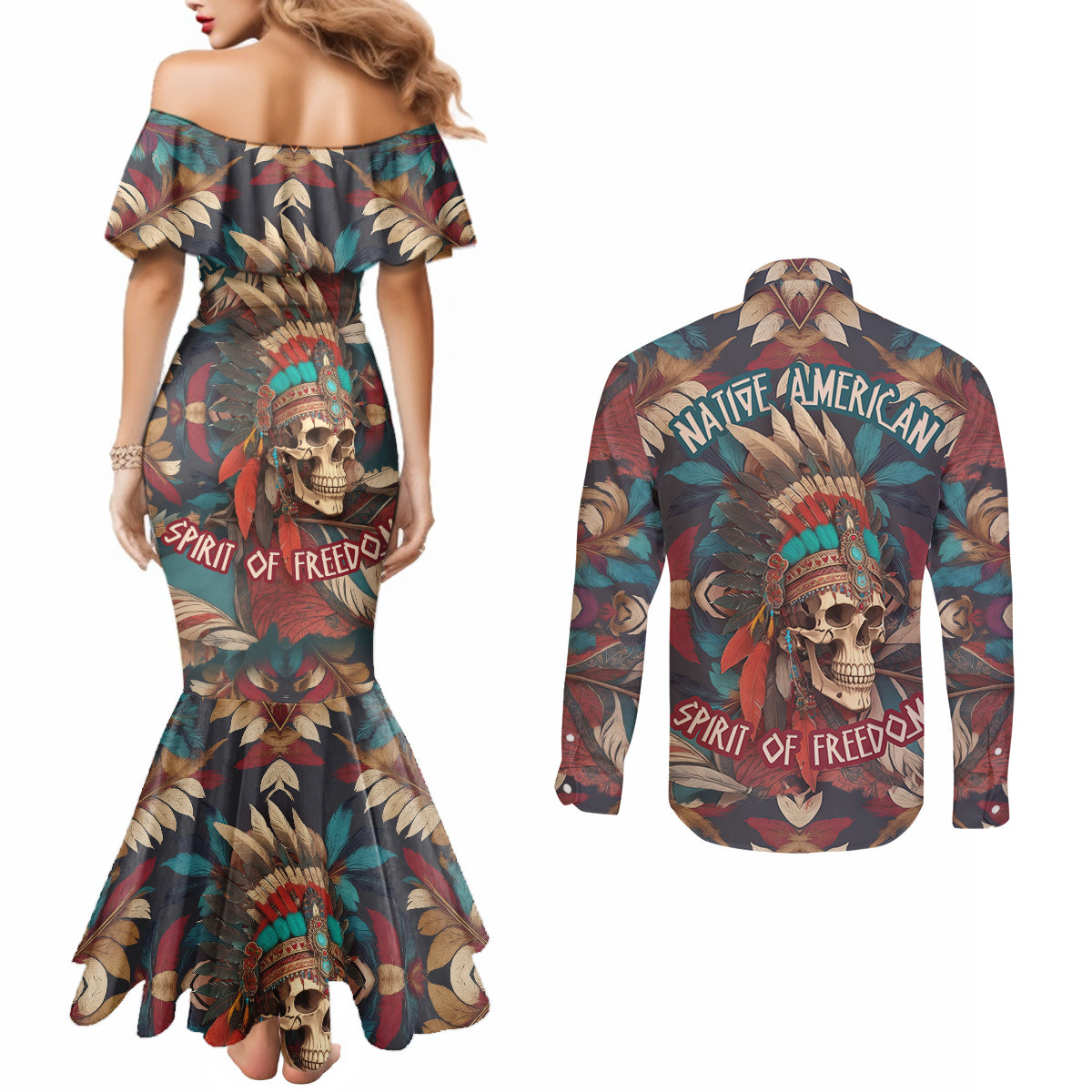 native-american-skull-couples-matching-mermaid-dress-and-long-sleeve-button-shirts-native-merican-spirit-of-freedom