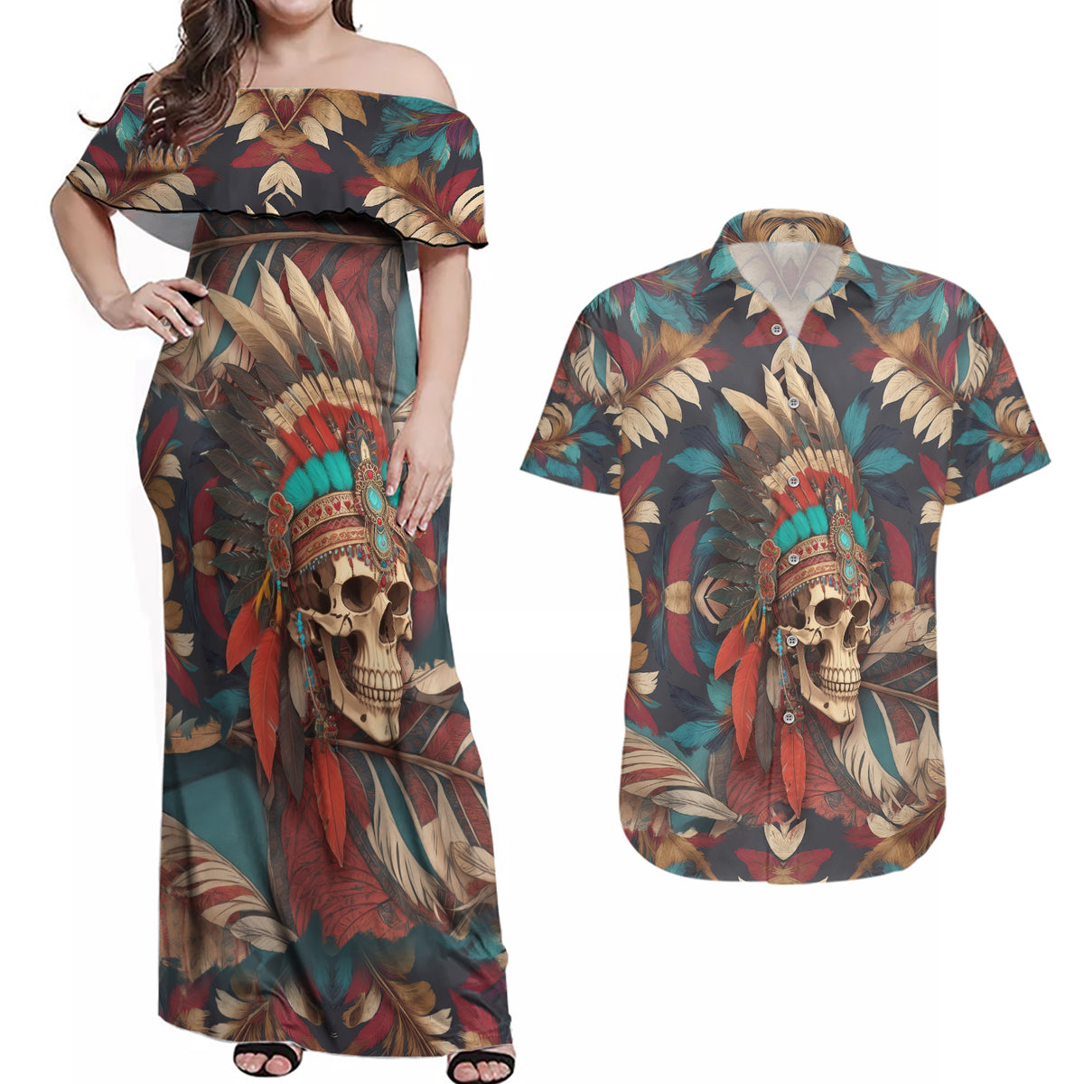 Native American Skull Couples Matching Off Shoulder Maxi Dress and Hawaiian Shirt Native Merican Spirit Of Freedom - Wonder Print Shop