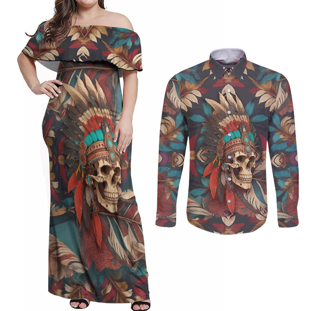 Native American Skull Couples Matching Off Shoulder Maxi Dress and Long Sleeve Button Shirts Native Merican Spirit Of Freedom - Wonder Print Shop