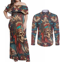 Native American Skull Couples Matching Off Shoulder Maxi Dress and Long Sleeve Button Shirts Native Merican Spirit Of Freedom - Wonder Print Shop
