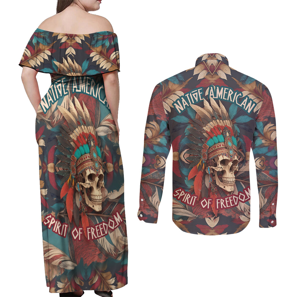 native-american-skull-couples-matching-off-shoulder-maxi-dress-and-long-sleeve-button-shirts-native-merican-spirit-of-freedom