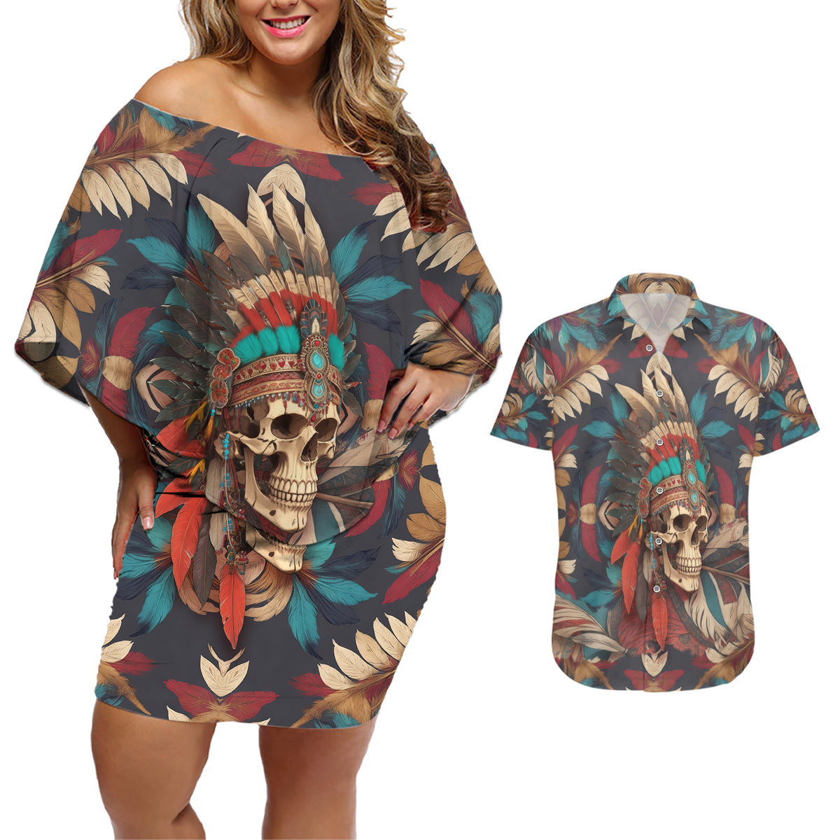 Native American Skull Couples Matching Off Shoulder Short Dress and Hawaiian Shirt Native Merican Spirit Of Freedom - Wonder Print Shop