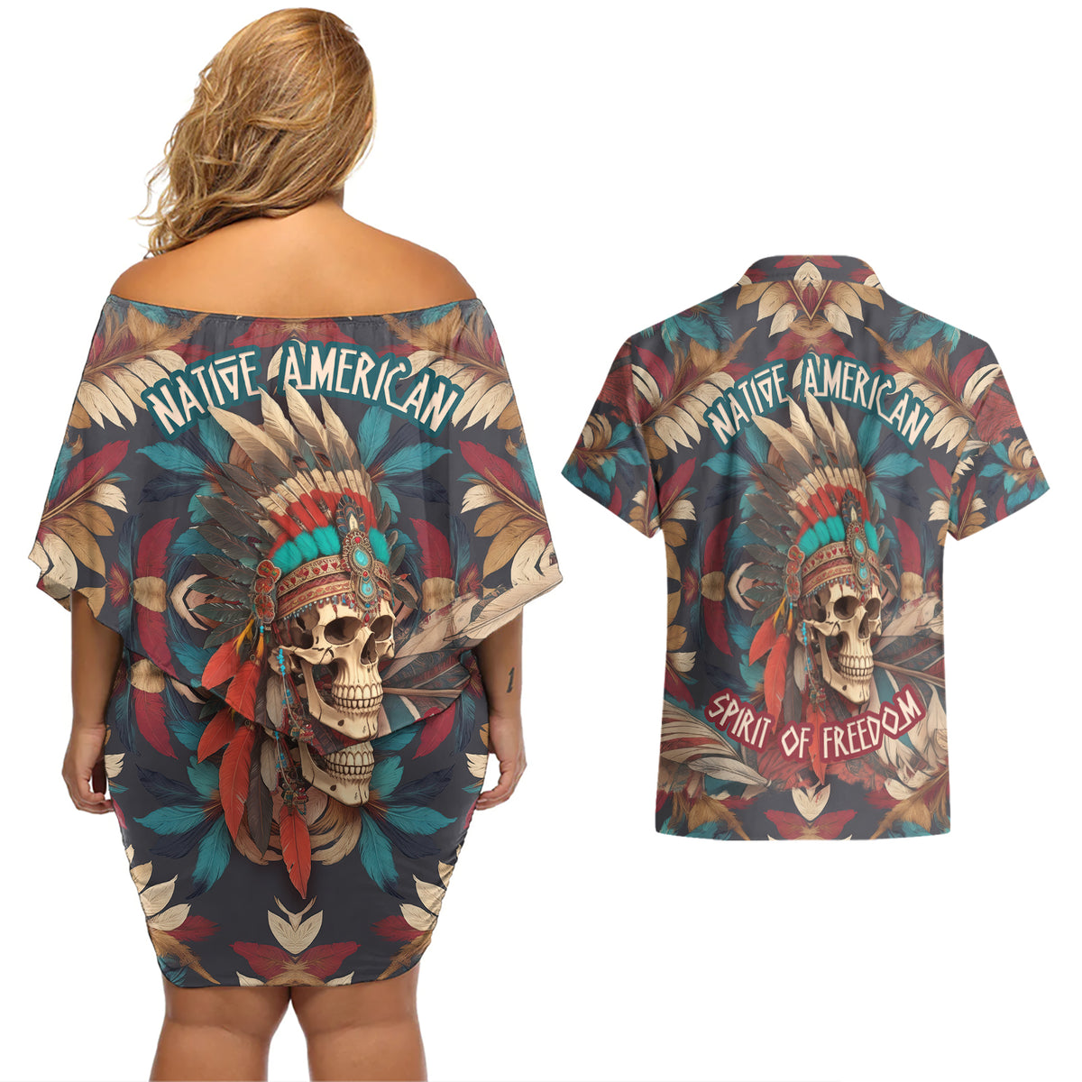 Native American Skull Couples Matching Off Shoulder Short Dress and Hawaiian Shirt Native Merican Spirit Of Freedom - Wonder Print Shop