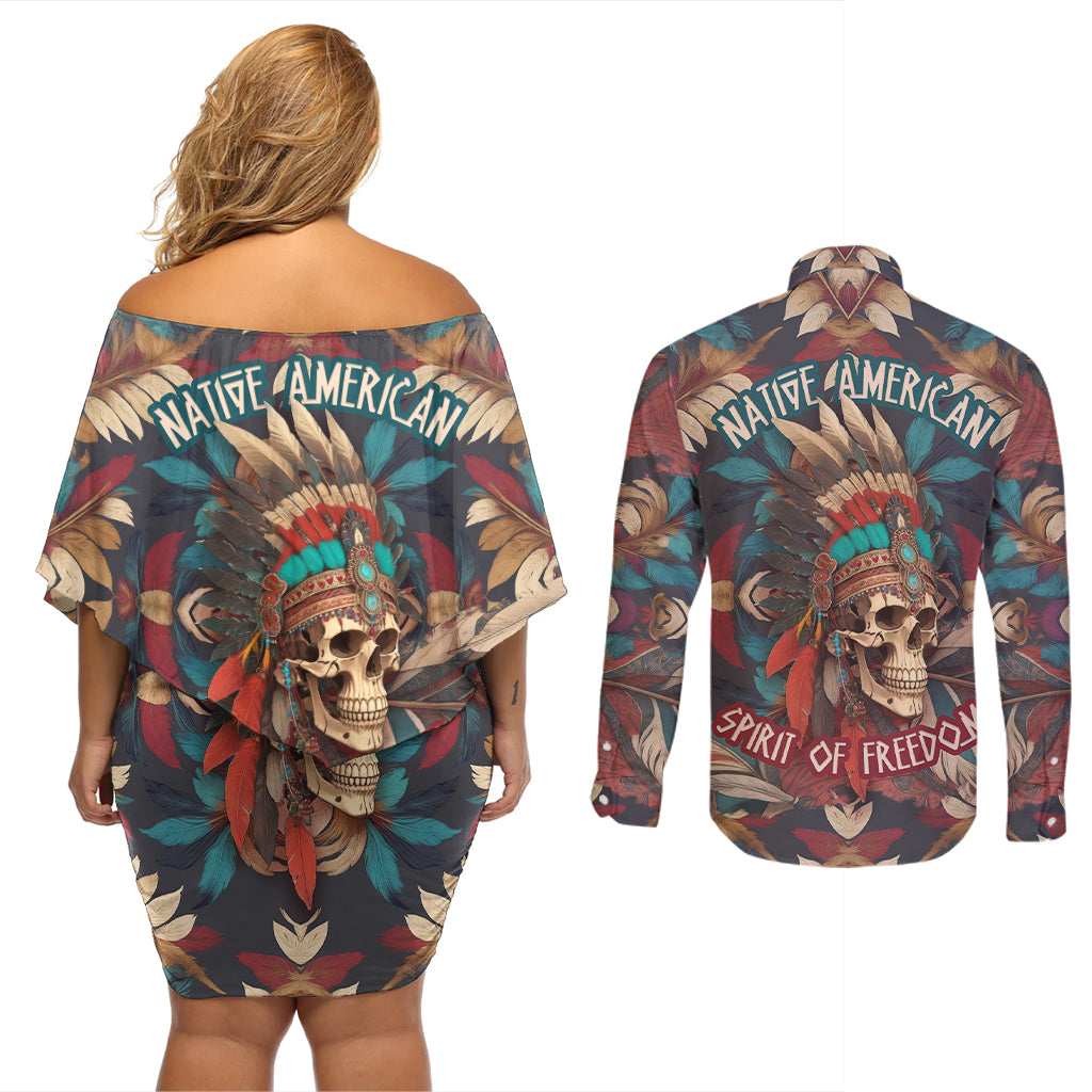 Native American Skull Couples Matching Off Shoulder Short Dress and Long Sleeve Button Shirts Native Merican Spirit Of Freedom - Wonder Print Shop