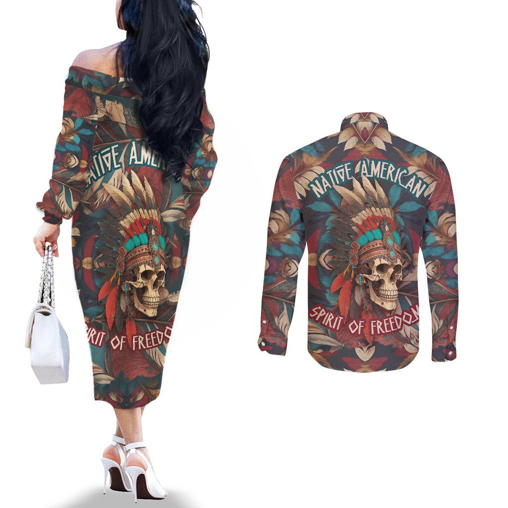 native-american-skull-couples-matching-off-the-shoulder-long-sleeve-dress-and-long-sleeve-button-shirts-native-merican-spirit-of-freedom