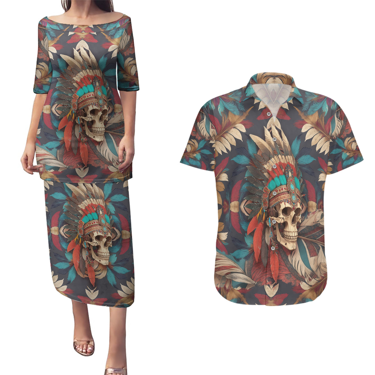 Native American Skull Couples Matching Puletasi Dress and Hawaiian Shirt Native Merican Spirit Of Freedom - Wonder Print Shop
