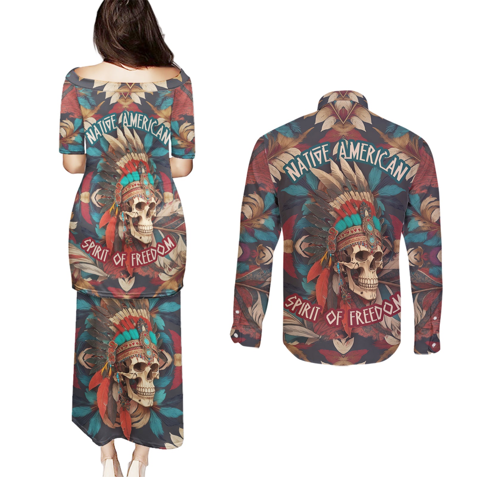 native-american-skull-couples-matching-puletasi-dress-and-long-sleeve-button-shirts-native-merican-spirit-of-freedom