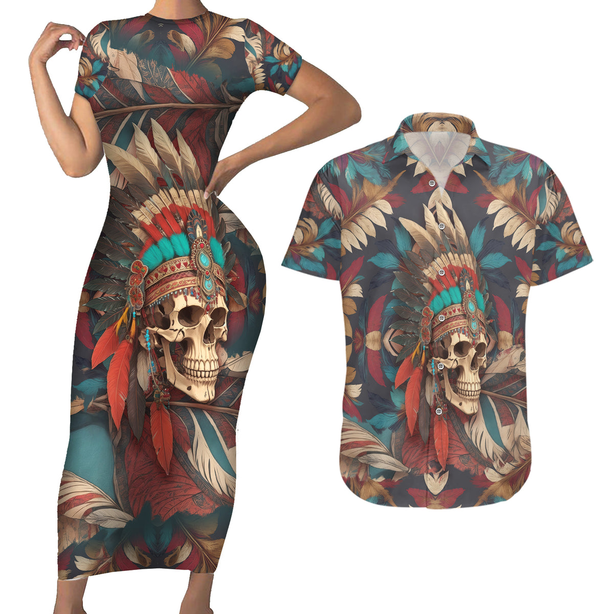 Native American Skull Couples Matching Short Sleeve Bodycon Dress and Hawaiian Shirt Native Merican Spirit Of Freedom - Wonder Print Shop