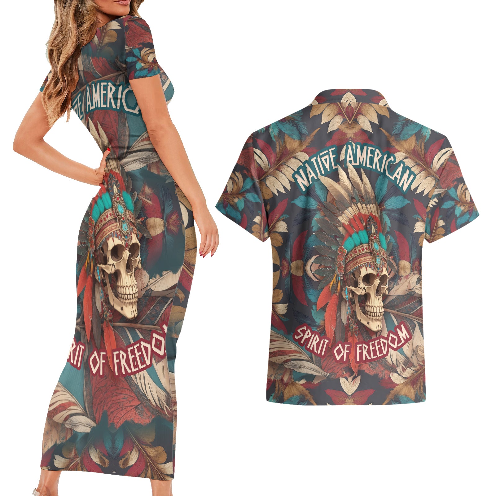 Native American Skull Couples Matching Short Sleeve Bodycon Dress and Hawaiian Shirt Native Merican Spirit Of Freedom - Wonder Print Shop