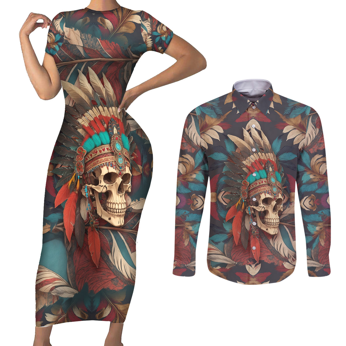 Native American Skull Couples Matching Short Sleeve Bodycon Dress and Long Sleeve Button Shirts Native Merican Spirit Of Freedom - Wonder Print Shop