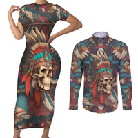 Native American Skull Couples Matching Short Sleeve Bodycon Dress and Long Sleeve Button Shirts Native Merican Spirit Of Freedom - Wonder Print Shop
