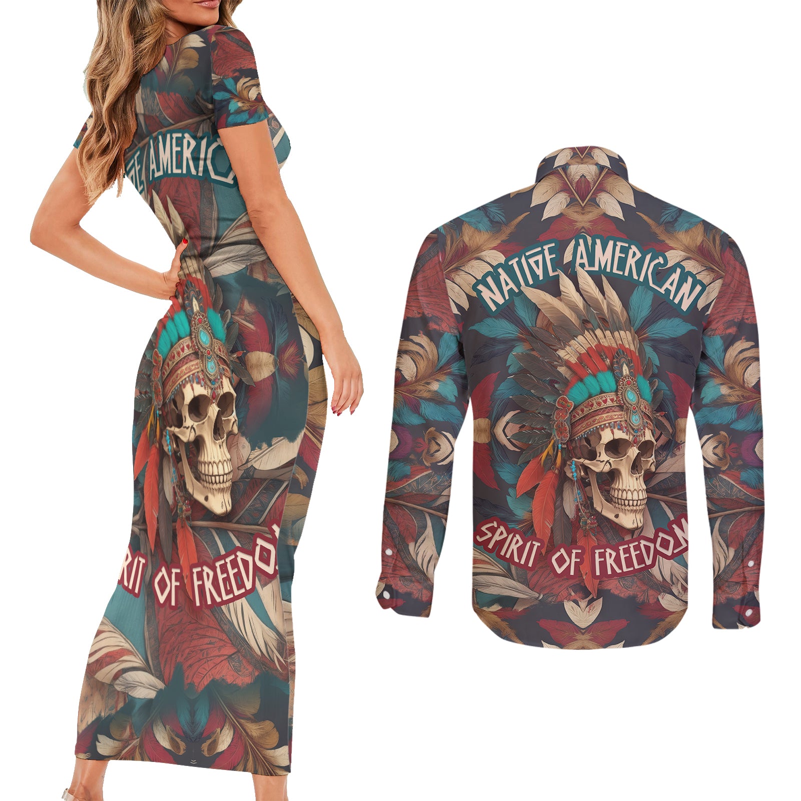 Native American Skull Couples Matching Short Sleeve Bodycon Dress and Long Sleeve Button Shirts Native Merican Spirit Of Freedom - Wonder Print Shop